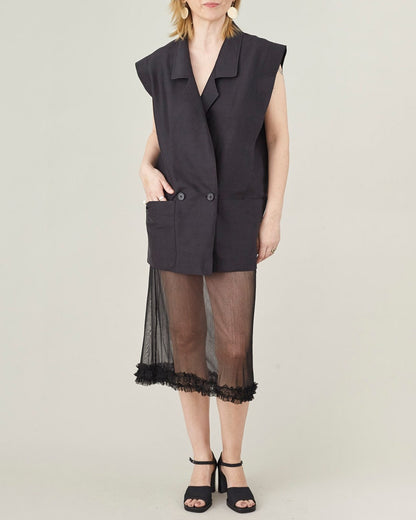 Handmade 100% Silk Blazer for Women, Strong Shoulders, Black Sleeveless Blazer for Parties and Formal Events