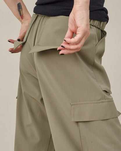 Chic Cargo Pants in Khaki Lightweight Wool, Elastic Waist, Modern Baggy Pants with Drawstring Toggle Hem, More Color Option