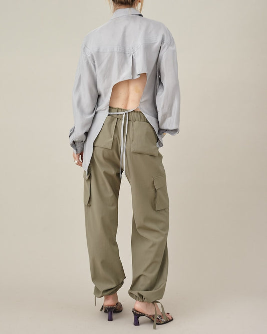 Chic Cargo Pants in Khaki Lightweight Wool, Elastic Waist, Modern Baggy Pants with Drawstring Toggle Hem, More Color Option