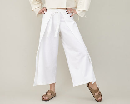 Wide-Leg, Cropped Summer Trousers with Tie Waist, Wrap Design, Elegant White Loungewear in Cotton, Linen, or Silk