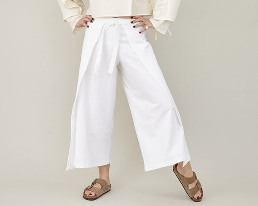 Wide-Leg, Cropped Summer Trousers with Tie Waist, Wrap Design, Elegant White Loungewear in Cotton, Linen, or Silk