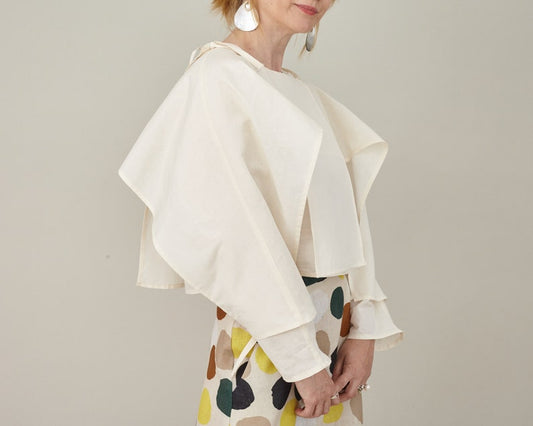 White Silk Crop Top for Women, Long Sleeve, Layered Blouse, Unique Avangarde Design with String Tie for Contemporary Looks