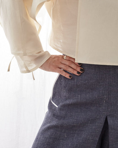 White Silk Crop Top for Women, Long Sleeve, Layered Blouse, Unique Avangarde Design with String Tie for Contemporary Looks