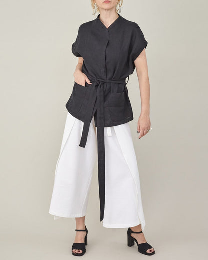 Wide-Leg, Cropped Summer Trousers with Tie Waist, Wrap Design, Elegant White Loungewear in Cotton, Linen, or Silk