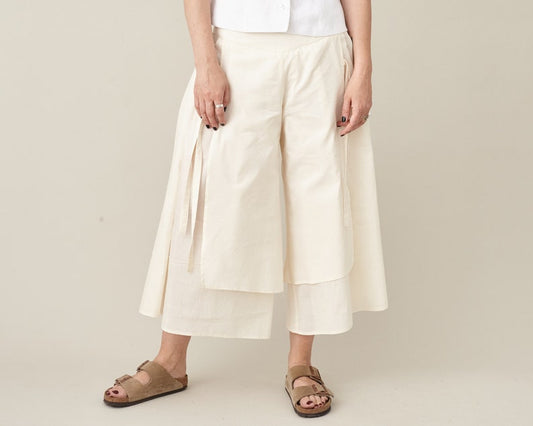 Handmade Wide-Leg Cropped Pants – Cotton Silk Blend Culottes, High-Waisted, Neutral Tone, Summer Skirt-Pants, Contemporary, Japanese Style