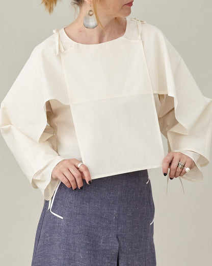 White Silk Crop Top for Women, Long Sleeve, Layered Blouse, Unique Avangarde Design with String Tie for Contemporary Looks