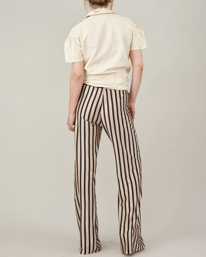 Chic Silk Jersey Fit and Flare Pants for Women, Beige & Black Stripes, Elastic Waist - Flowy Summer Pants