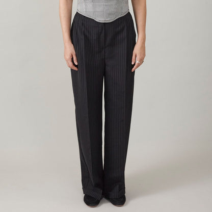 100% Wool Pinstripe Women Pants, Custom Black Trousers, High Rise, Pleats, Loose Fit Tailored Bottoms for Transitional Seasons