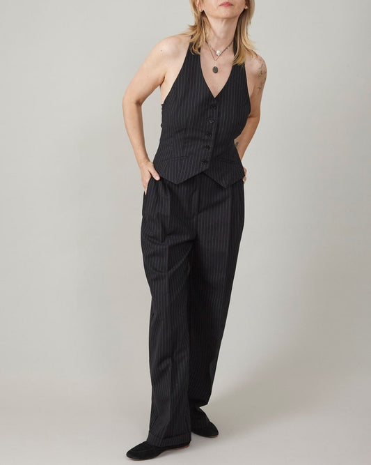 Pinstripe Tailored Vest for Women, with Open Back and Adjustable Waist | Black Wool Halter Waistcoat, Part of a Casual Two Piece Set