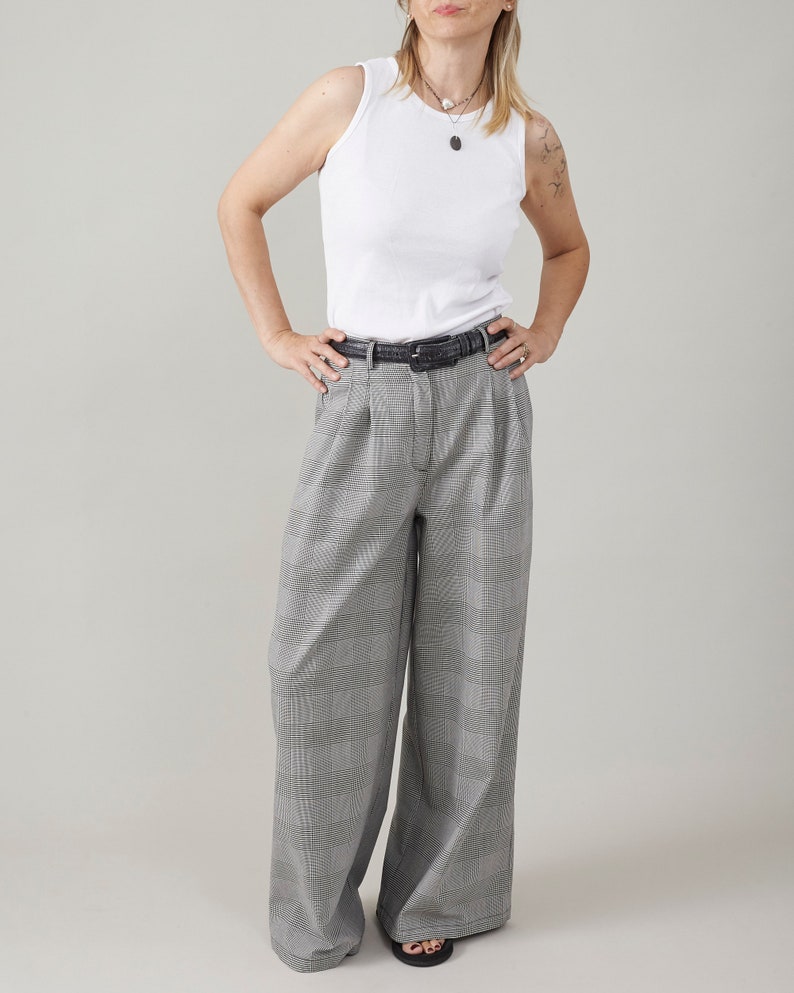 Plaid Wide Leg Pants for Summer, Glen Check Print, 100% Cotton, Palazzo Pants with Pleats and High Rise, Casual Tailored Trousers
