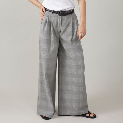 Plaid Wide Leg Pants for Summer, Glen Check Print, 100% Cotton, Palazzo Pants with Pleats and High Rise, Casual Tailored Trousers