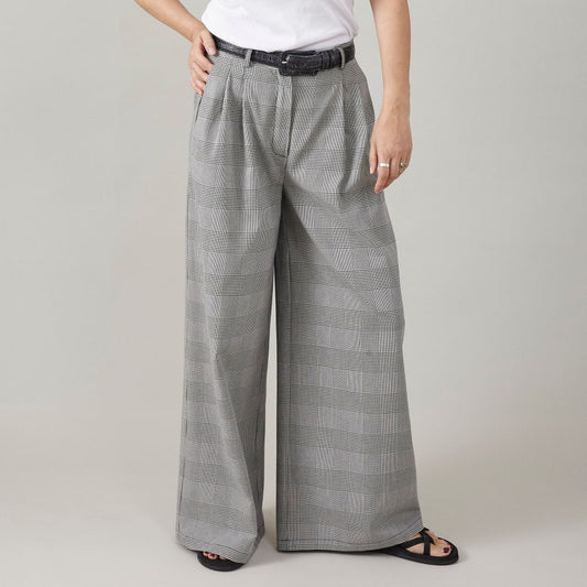 Plaid Wide Leg Pants for Summer, Glen Check Print, 100% Cotton, Palazzo Pants with Pleats and High Rise, Casual Tailored Trousers