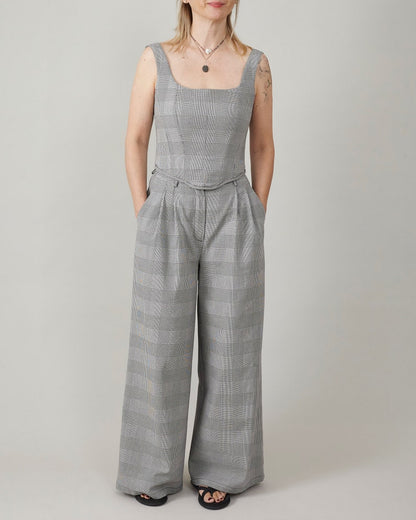 Plaid Wide Leg Pants for Summer, Glen Check Print, 100% Cotton, Palazzo Pants with Pleats and High Rise, Casual Tailored Trousers