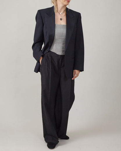 100% Wool Pinstripe Women Pants, Custom Black Trousers, High Rise, Pleats, Loose Fit Tailored Bottoms for Transitional Seasons