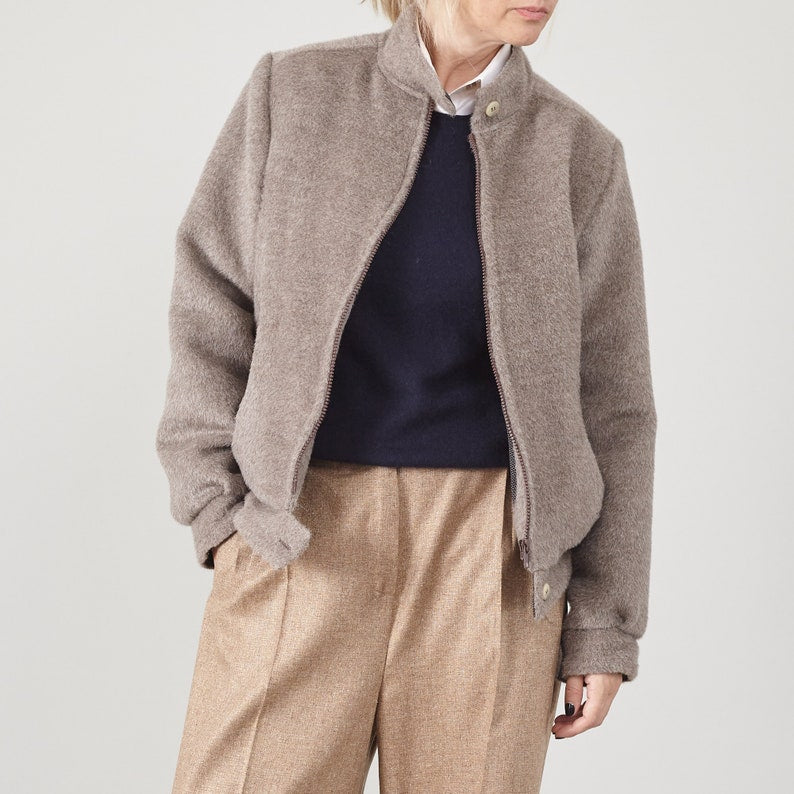 Handmade Luxurious Alpaca Wool Winter Bomber Jacket for Women - Fluffy Super Chic Instant Warmth and Softness - 3 Colors Taupe, Grey, Purple