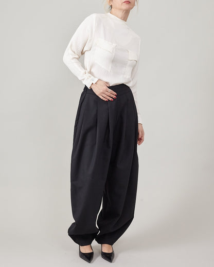 Elegant Genie Pants in Black 100% Wool, Pleated High Waist, Balloon Leg Tailored Trousers for Spring - Fall