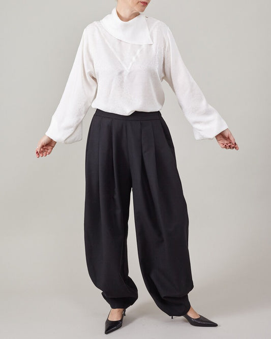 Handmade Silk Blouse for Women | Elegant White Shirt with Bishop Sleeve and Drape High Collar | Retro Design Top for Formal Occasions