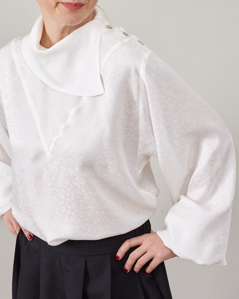 Handmade Silk Blouse for Women | Elegant White Shirt with Bishop Sleeve and Drape High Collar | Retro Design Top for Formal Occasions