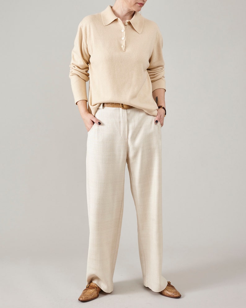 Handmade 100% Silk Pants for Women, Straight Cut, Loose Fit Tailored Trousers for Spring - Summer, Elegant Pants in Light Beige, Grey, Red