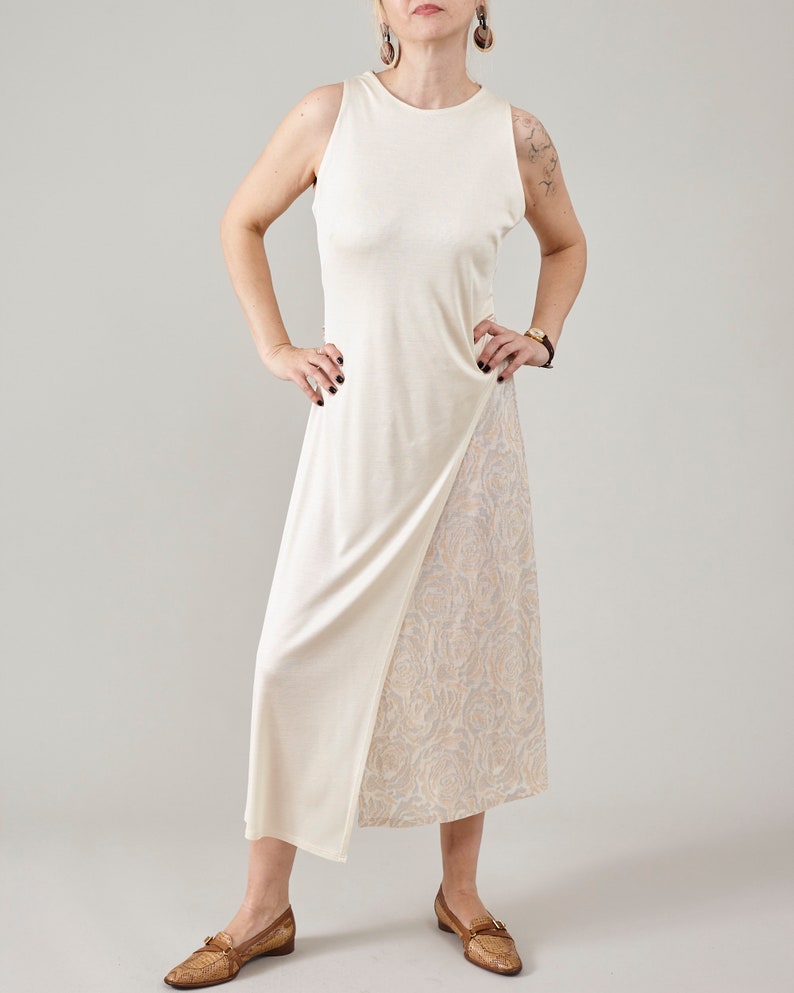 Airy 100% Silk Dress | Asymmetric, Sleeveless, Midi Dress in Cream Jersey Silk Layers | Chic Resort Wear