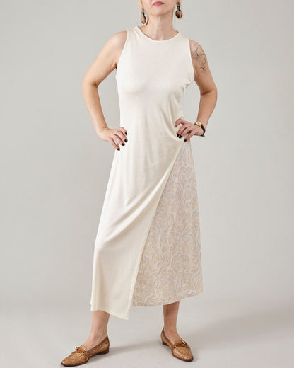 Airy 100% Silk Dress | Asymmetric, Sleeveless, Midi Dress in Cream Jersey Silk Layers | Chic Resort Wear