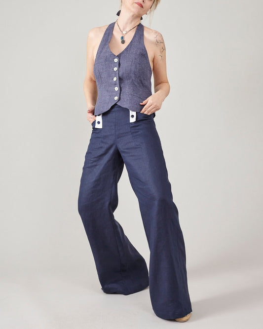 Handmade Linen Tailored Vest for Women, Open Back, Halter Top for Summer, Chic Linen Waistcoat for Festival Outfits