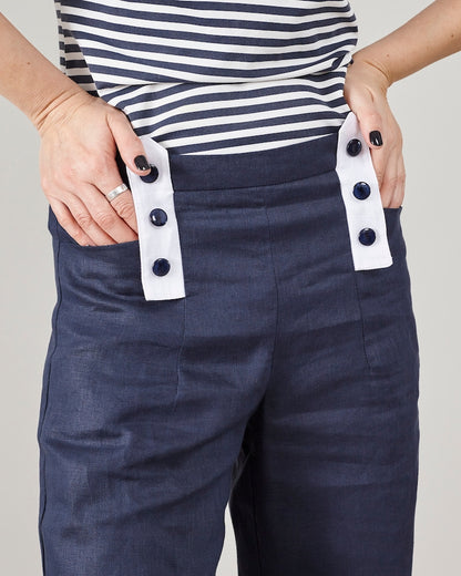 Linen Sailor Pants for Women – High Waist Flare Trousers, Coastal Style, Deep Blue Resort Core Fisherman Aesthetic