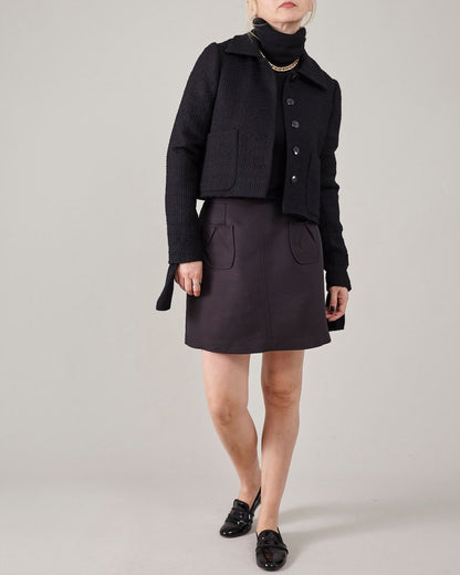 Handmade Wool - Silk Mini Skirt for Women, Chic Preppy Design with Retro Flair in Dark Brown, Navy, White | A Line Cut with Patch Pockets