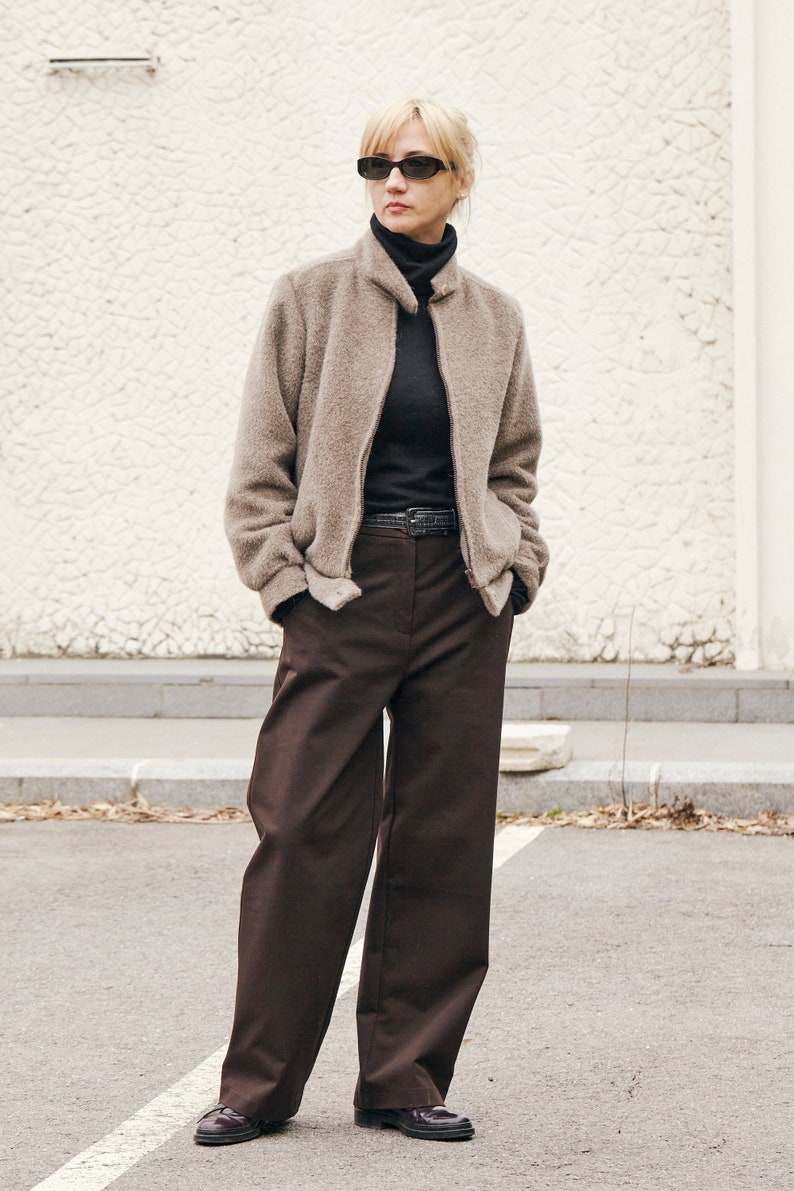 Handmade Brown Pants for Women – Slouchy Straight-Leg Tailored Trousers in Dark Brown Cotton, Minimalist Mannish Style for Spring & Fall