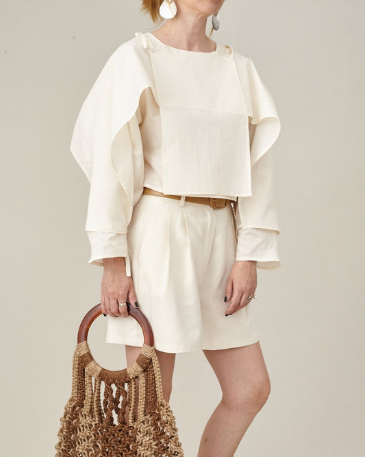 White 100% Silk Shorts for Women, Handmade Bermuda Style with High Waist, Pleats, and Pockets for Summer, Elegant Vacation Shorts
