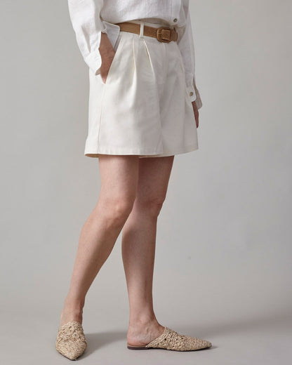 White 100% Silk Shorts for Women, Handmade Bermuda Style with High Waist, Pleats, and Pockets for Summer, Elegant Vacation Shorts