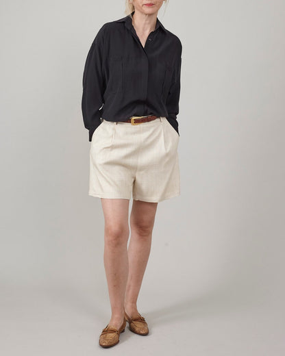 Handmade 100% Silk Women's Shorts: High Rise and Pleats, Butter White Tailored Shorts with Pockets and Side Zipper Closure, Elegant Style