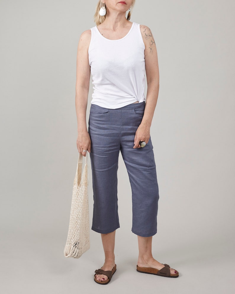 100% Linen Capri Pants for Women – High-Waisted Summer Trousers, Straight-Leg Capris, Elegant Lightweight Workwear, Chic Travel Outfit