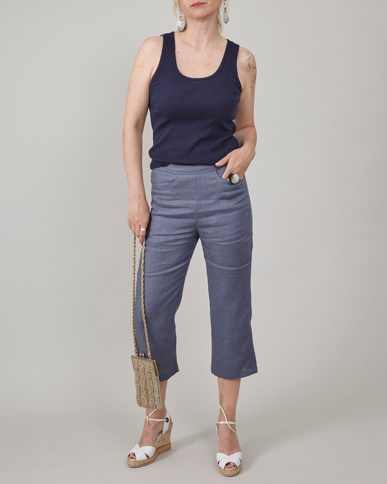 100% Linen Capri Pants for Women – High-Waisted Summer Trousers, Straight-Leg Capris, Elegant Lightweight Workwear, Chic Travel Outfit