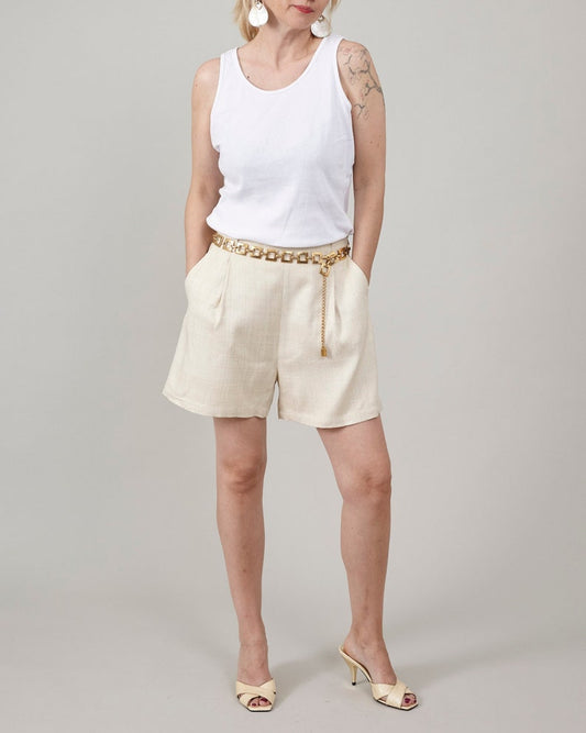 Handmade 100% Silk Women's Shorts: High Rise and Pleats, Butter White Tailored Shorts with Pockets and Side Zipper Closure, Elegant Style