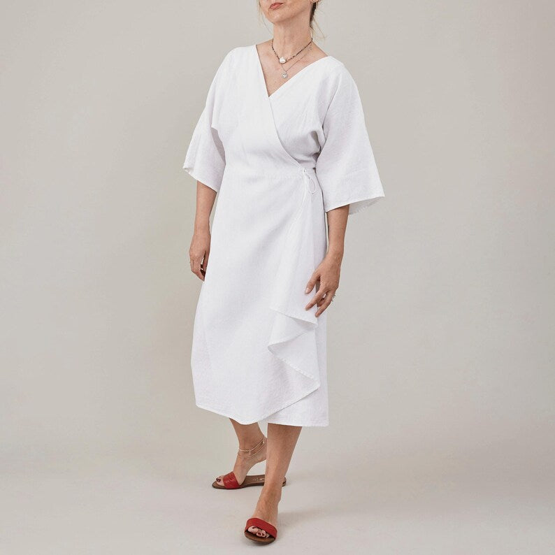 Handmade White Linen Wrap Dress for Women | Half Sleeve Midi Dress with Tie Waist, More Colors Available FTN7-2LIN