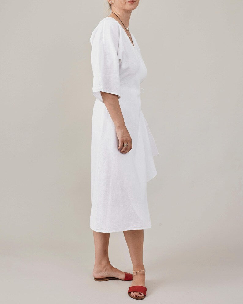 Handmade White Linen Wrap Dress for Women | Half Sleeve Midi Dress with Tie Waist, More Colors Available FTN7-2LIN