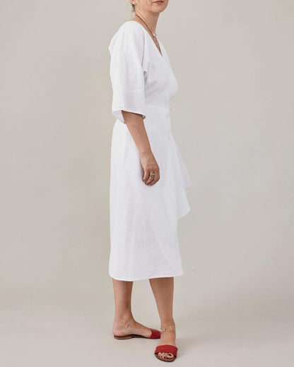 Handmade White Linen Wrap Dress for Women | Half Sleeve Midi Dress with Tie Waist, More Colors Available FTN7-2LIN