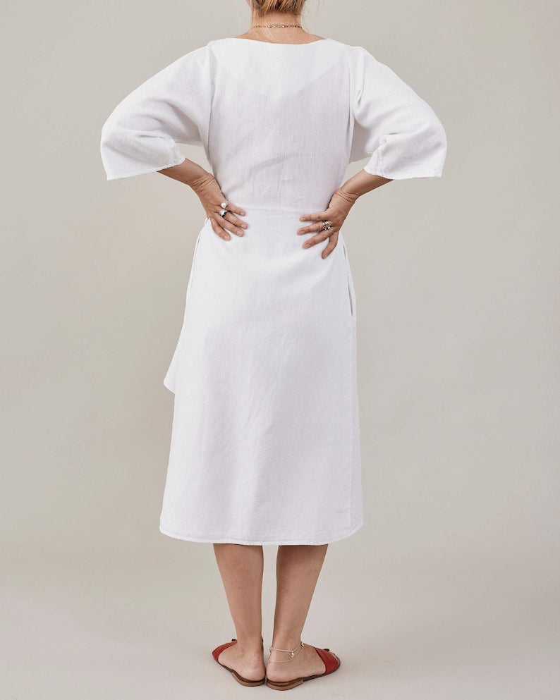 Handmade White Linen Wrap Dress for Women | Half Sleeve Midi Dress with Tie Waist, More Colors Available FTN7-2LIN