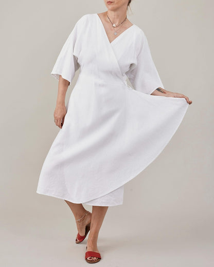 Handmade White Linen Wrap Dress for Women | Half Sleeve Midi Dress with Tie Waist, More Colors Available FTN7-2LIN