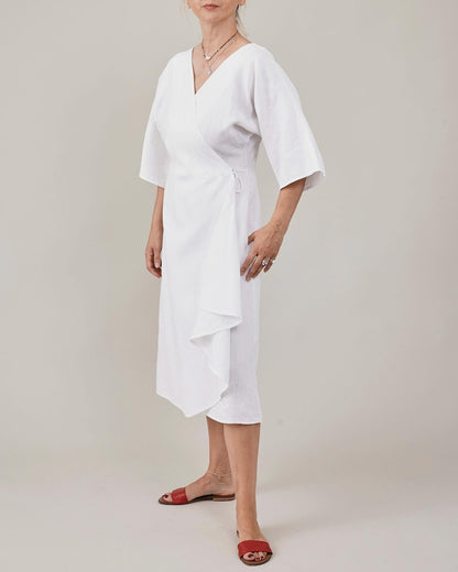 Handmade White Linen Wrap Dress for Women | Half Sleeve Midi Dress with Tie Waist, More Colors Available FTN7-2LIN