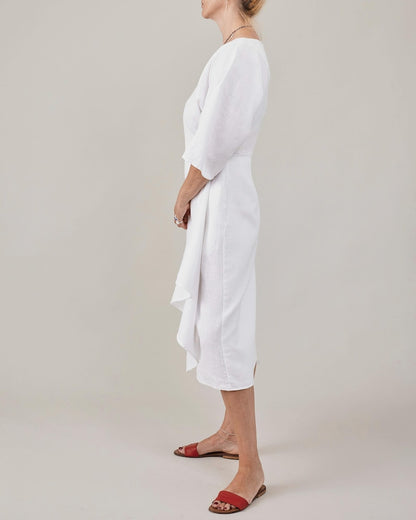 Handmade White Linen Wrap Dress for Women | Half Sleeve Midi Dress with Tie Waist, More Colors Available FTN7-2LIN