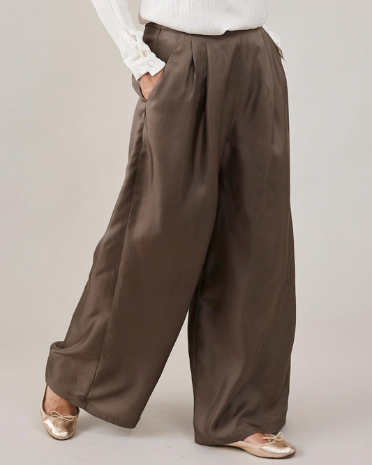 Silk Palazzo Pants Women | Custom High Waist Pants in 100% Silk Twill | Taupe Wide Leg Trousers for Wedding or Office