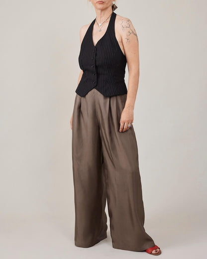 Silk Palazzo Pants Women | Custom High Waist Pants in 100% Silk Twill | Taupe Wide Leg Trousers for Wedding or Office