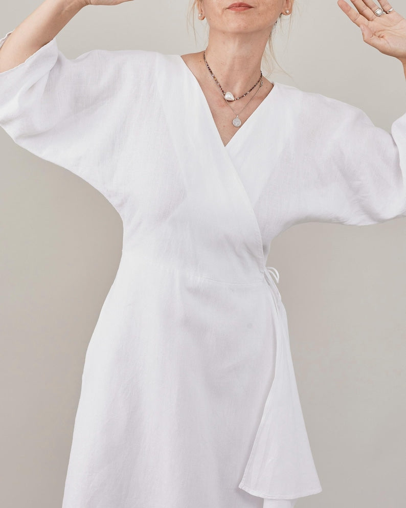 Handmade White Linen Wrap Dress for Women | Half Sleeve Midi Dress with Tie Waist, More Colors Available FTN7-2LIN