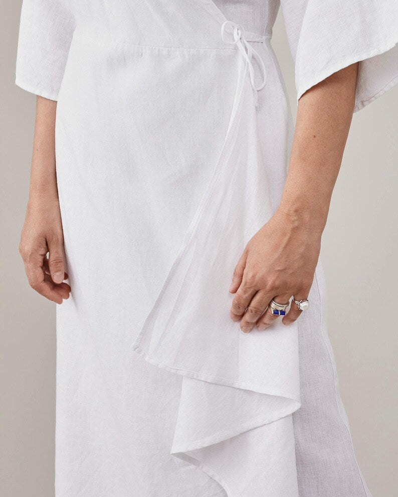 Handmade White Linen Wrap Dress for Women | Half Sleeve Midi Dress with Tie Waist, More Colors Available FTN7-2LIN