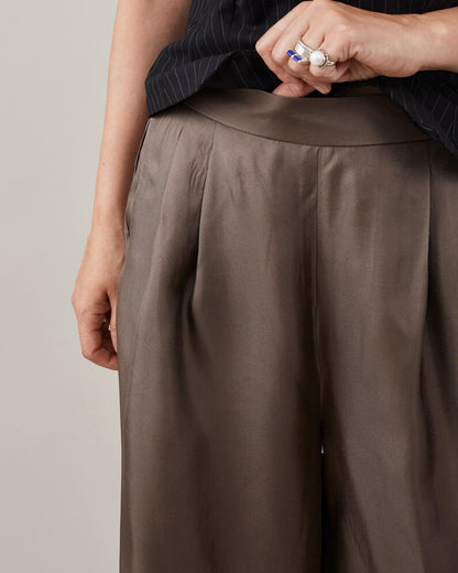 Silk Palazzo Pants Women | Custom High Waist Pants in 100% Silk Twill | Taupe Wide Leg Trousers for Wedding or Office