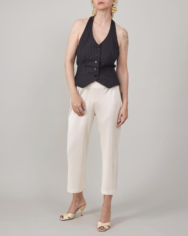 Chic Silk Jersey Fit and Flare Pants for Women, Beige & Black Stripes, Elastic Waist - Flowy Summer Pants