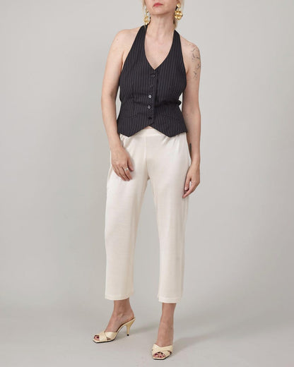 Chic Silk Jersey Fit and Flare Pants for Women, Beige & Black Stripes, Elastic Waist - Flowy Summer Pants