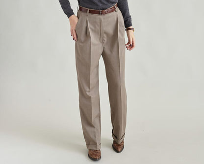 Hanmdade Women's Beige Wool Pants for Fall, Spring, Pleated Straight Cut with Ironed Crease and Cuffed Hem, Classic Style, Business Trousers